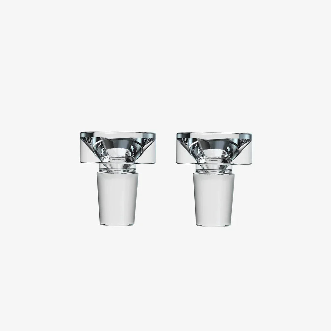 Pair of clear glass funnel bowl slides for water pipes on white background