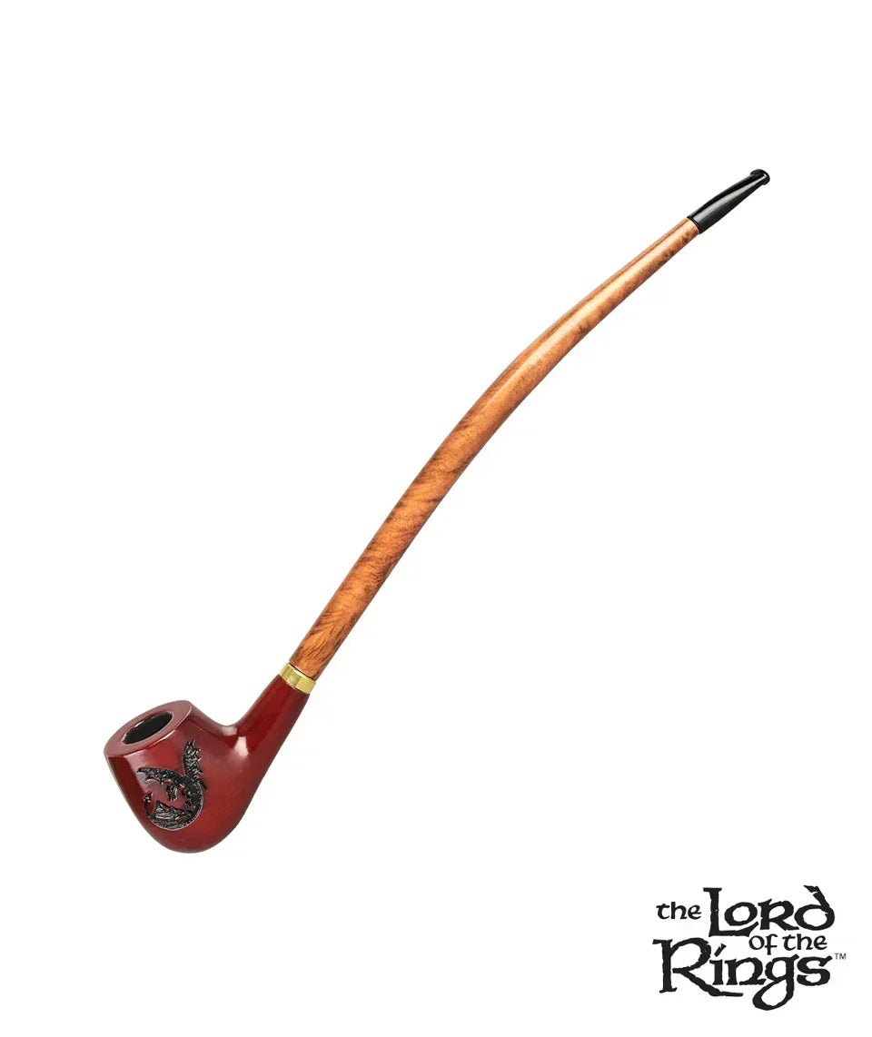 Lord of the Rings long wooden smoking pipe with dragon design on the bowl, isolated on white