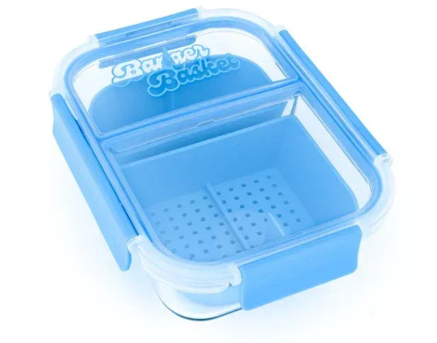 Clear and blue plastic storage container with locking lid and inner perforated basket.