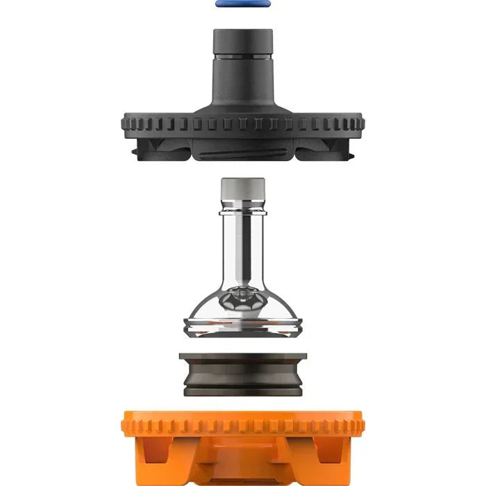Exploded view of modular vaporizer parts including mouthpiece, glass chamber, and orange base