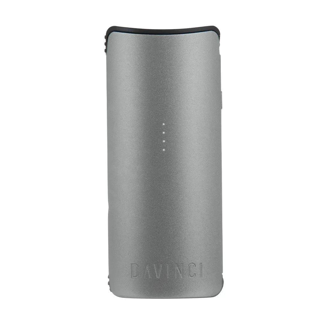 Silver portable vaporizer with LED indicators and DaVinci logo on front