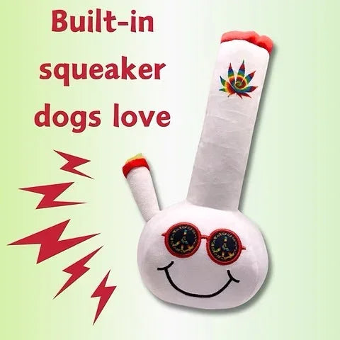 Plush dog toy shaped like a bong with a smiley face, sunglasses, and built-in squeaker.