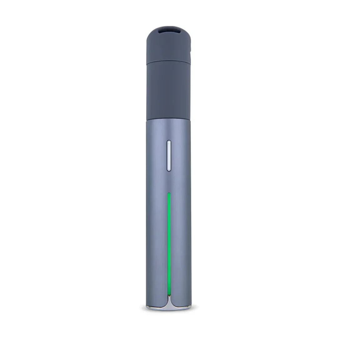 Gray portable vaporizer pen with LED indicator on a white background