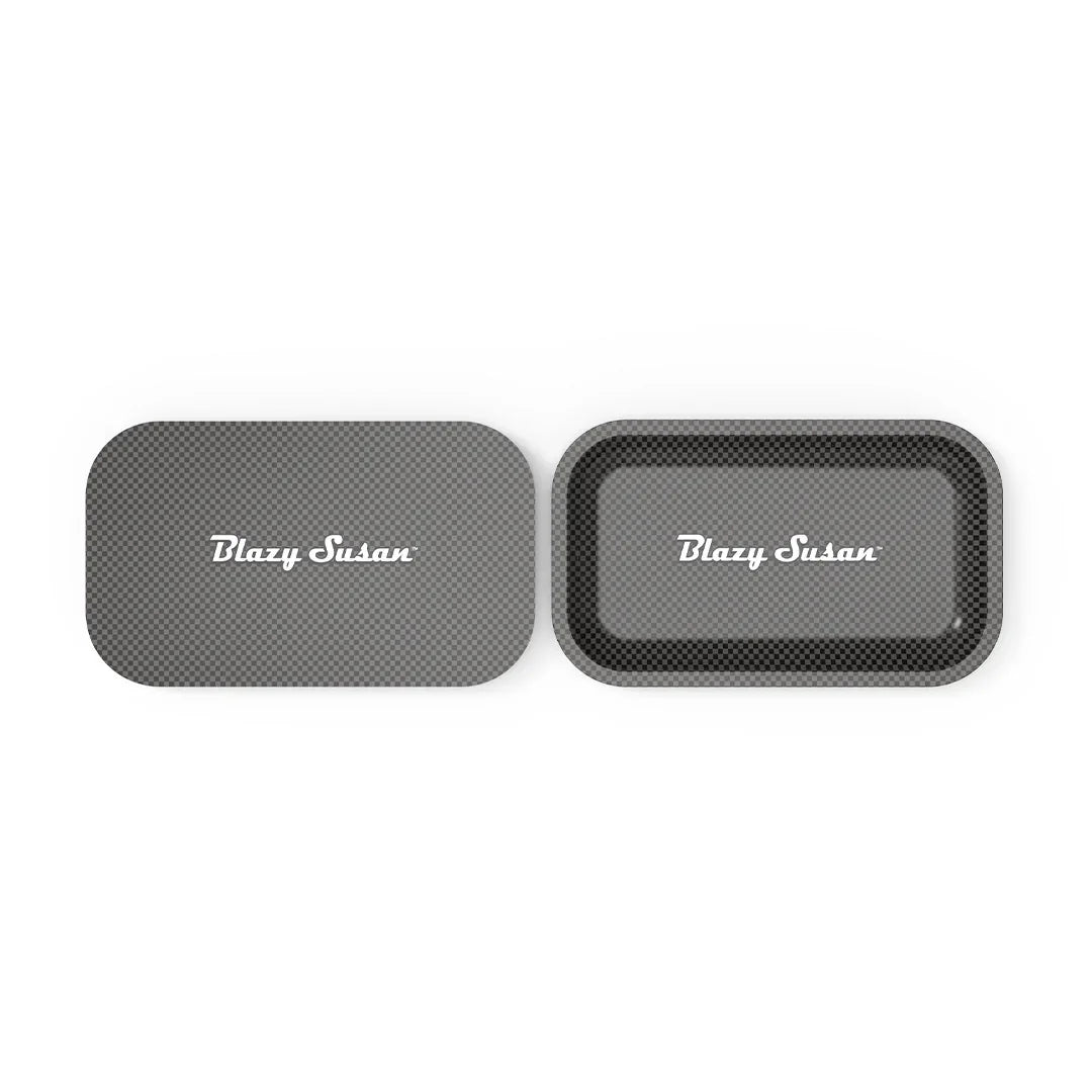 Carbon fiber rolling tray set with Blazy Susan logo, rectangular and sleek design