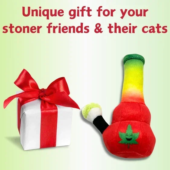 Gift box and colorful plush bong cat toy with green leaf design on light green background