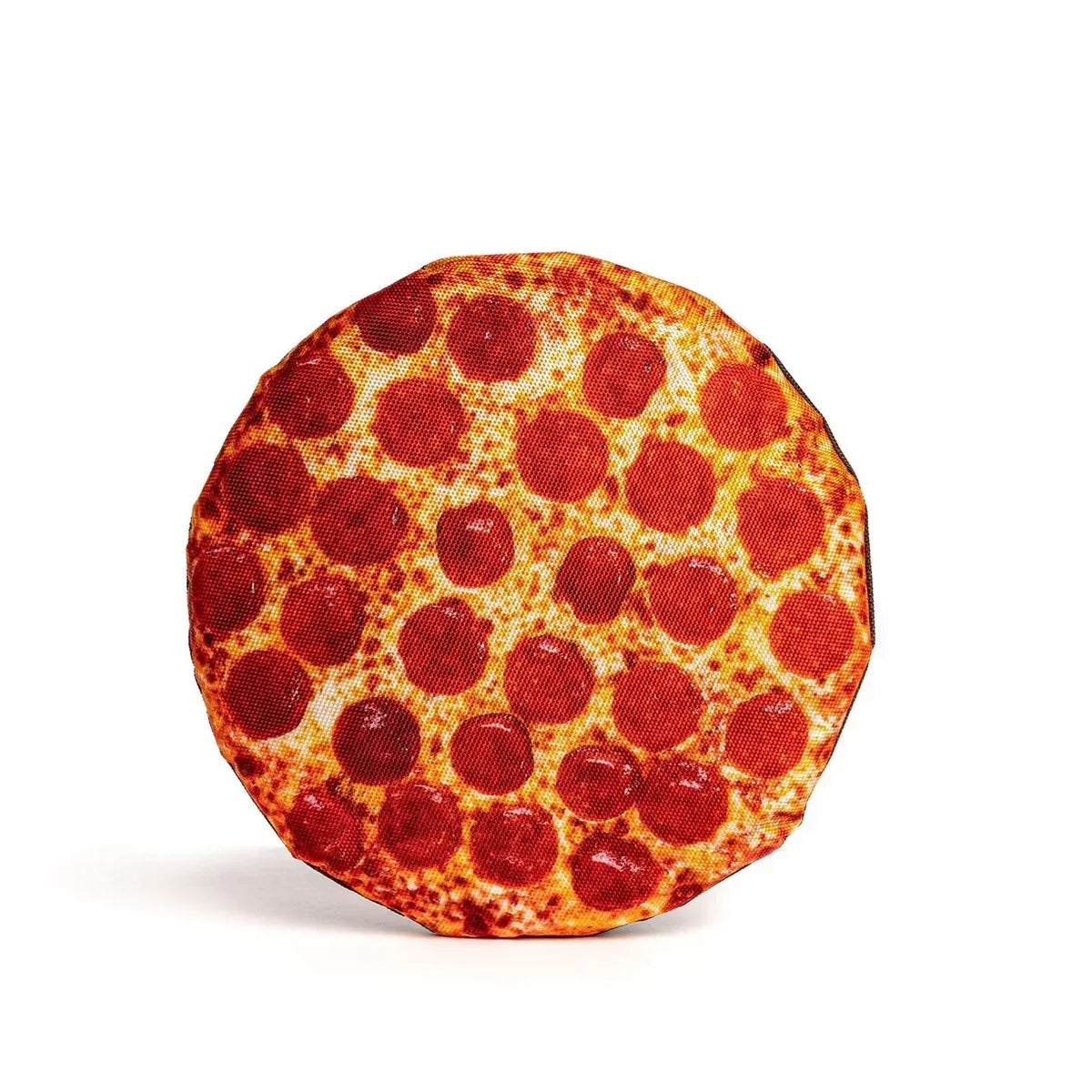 Realistic pepperoni pizza round pillow with melted cheese print on a white background