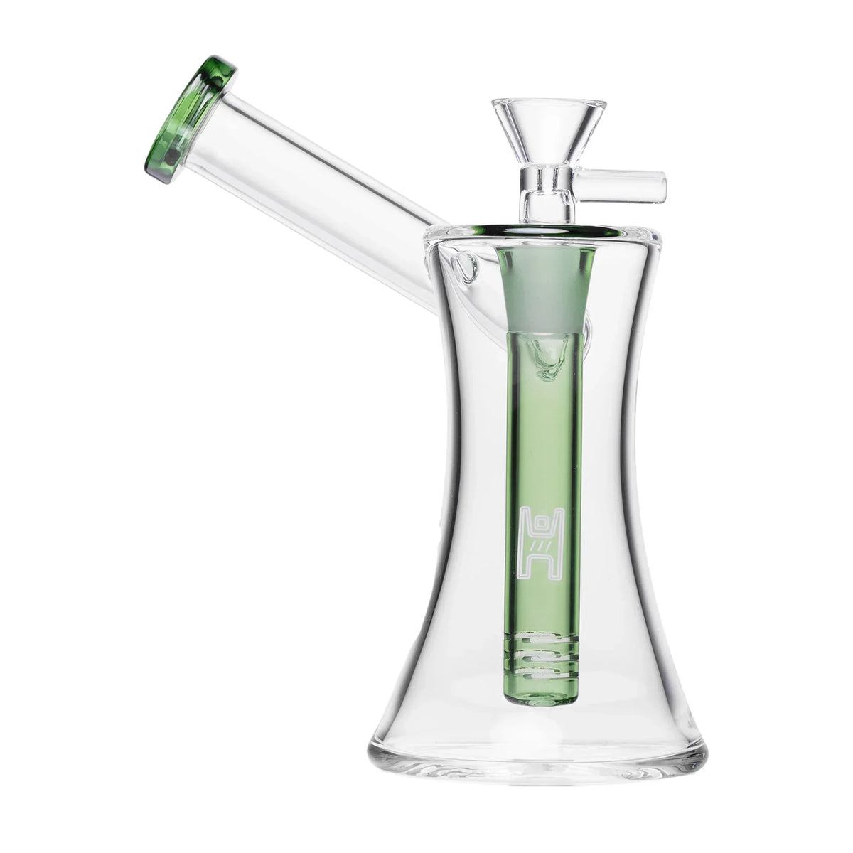 Clear glass water pipe with green accents and percolator, modern smoking accessory