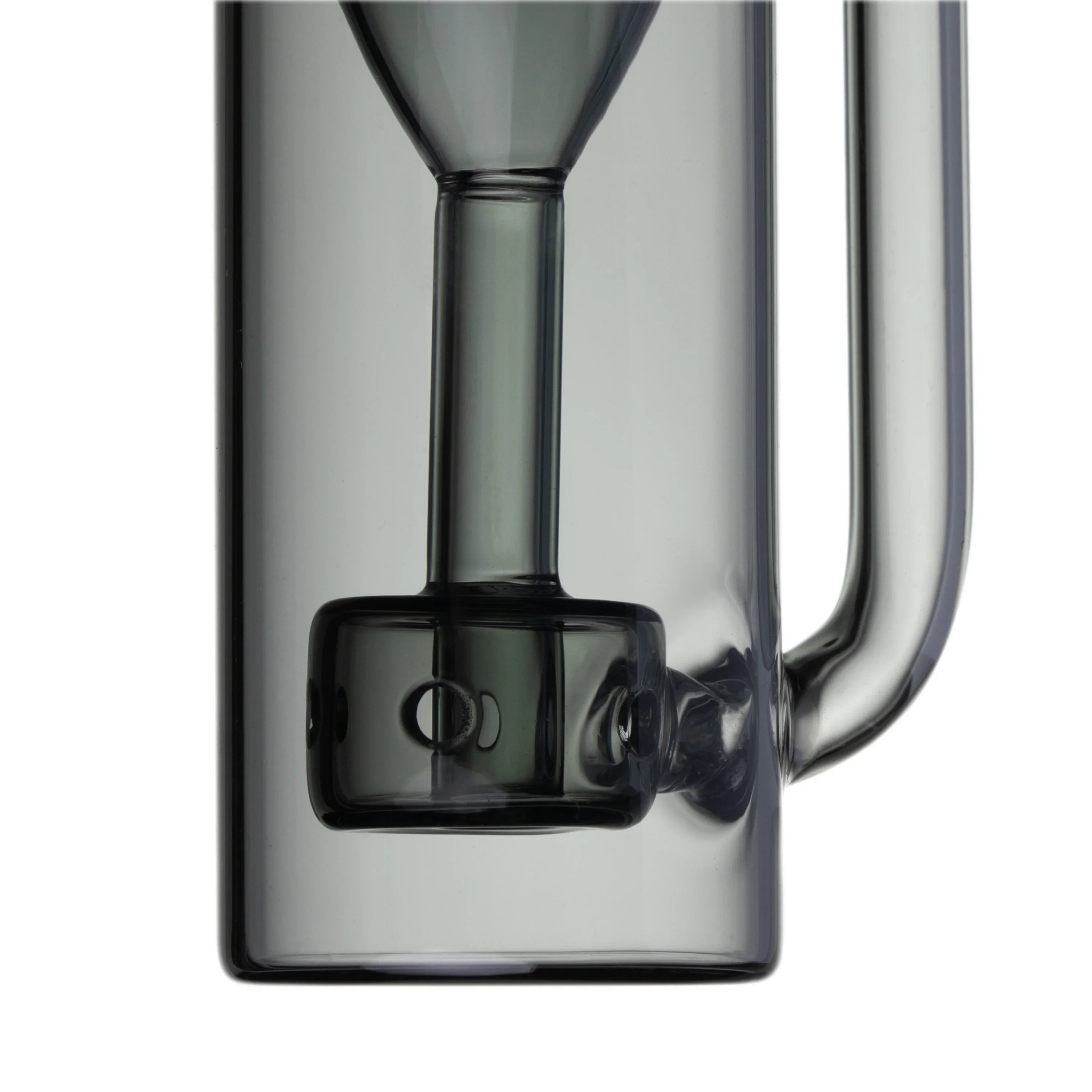 Close-up of a clear glass water pipe percolator with cylindrical chamber and handle