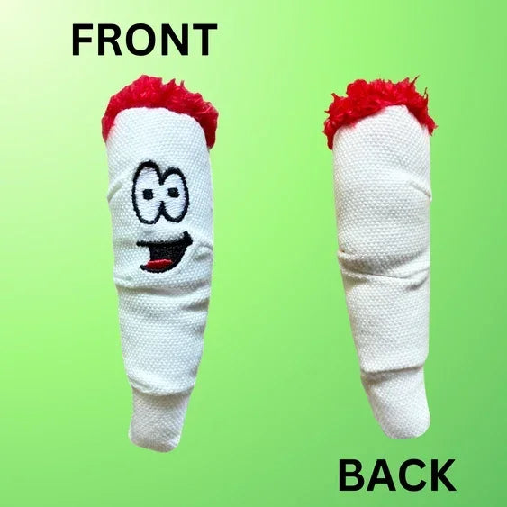 Plush joint toy with cartoon face and red tip, front and back view on green background