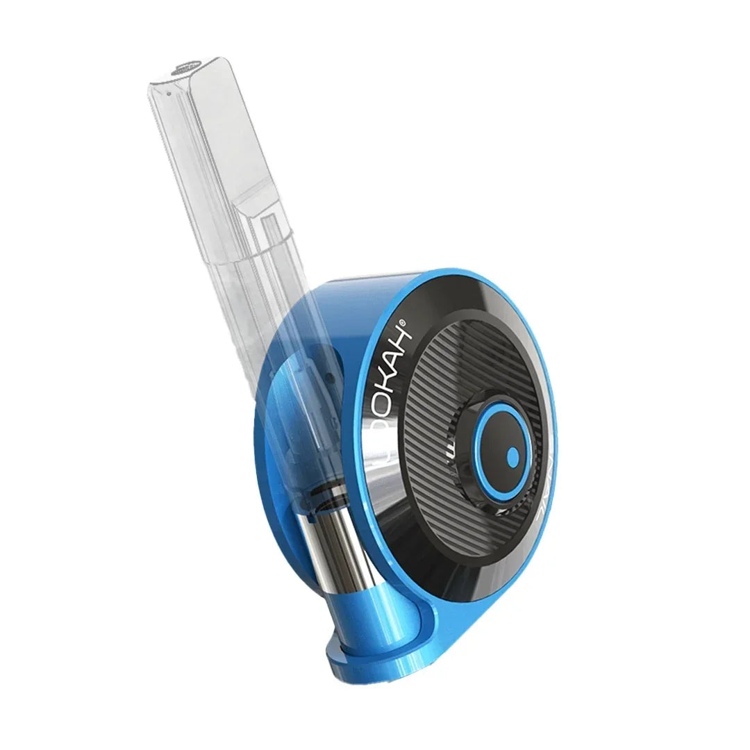 Blue hookah-style electronic vaporizer with modern circular design on white background