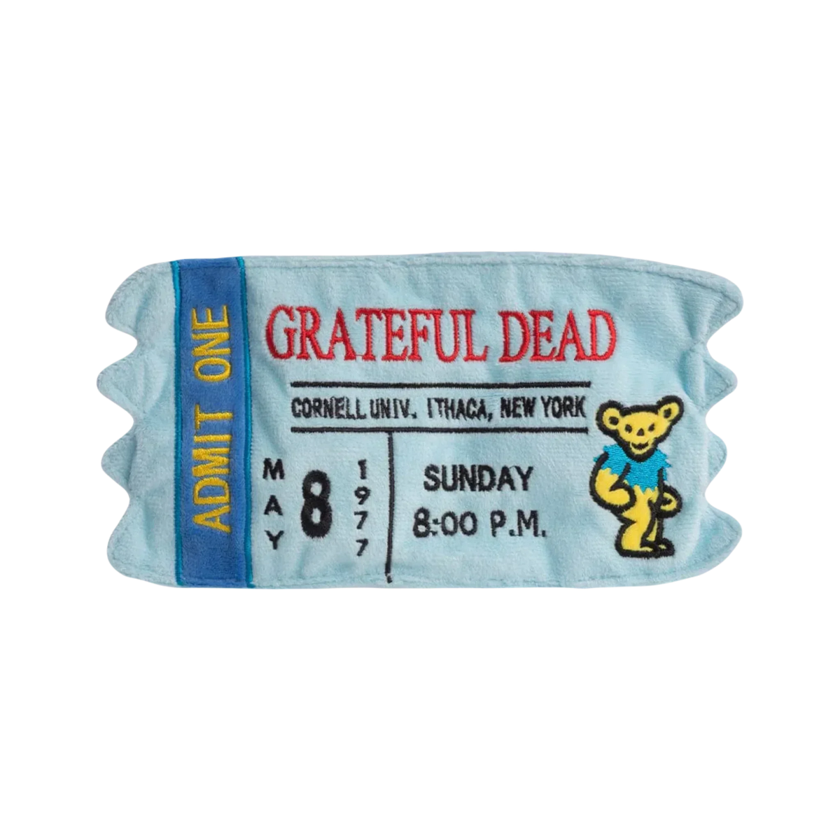 Grateful Dead concert ticket patch design with dancing bear, May 8, 1977, Cornell University.