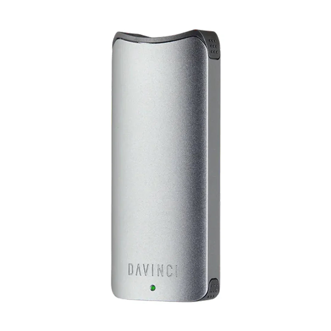Silver DaVinci portable vaporizer with LED indicator on white background