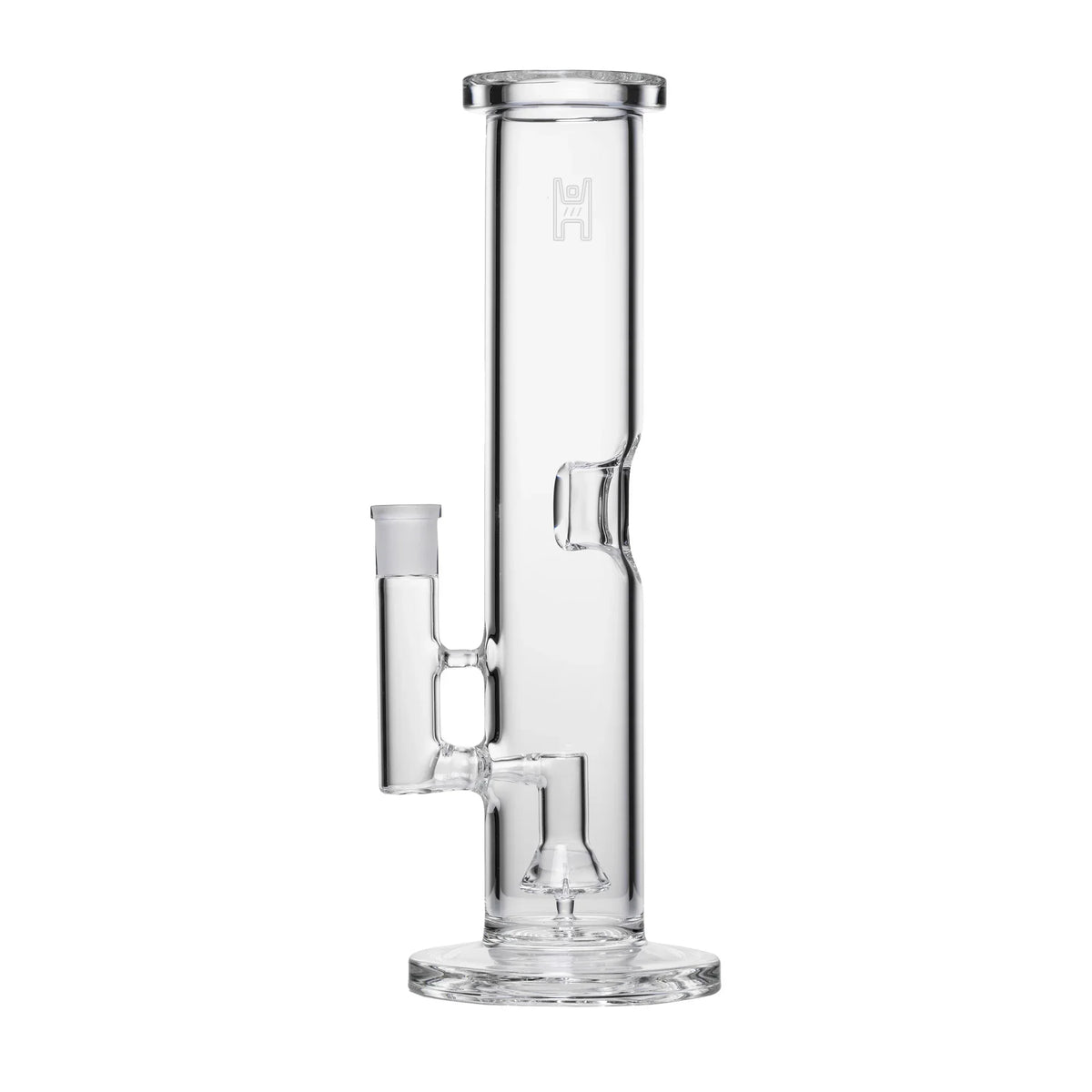Clear scientific glass water pipe with straight tube and reinforced base on white background