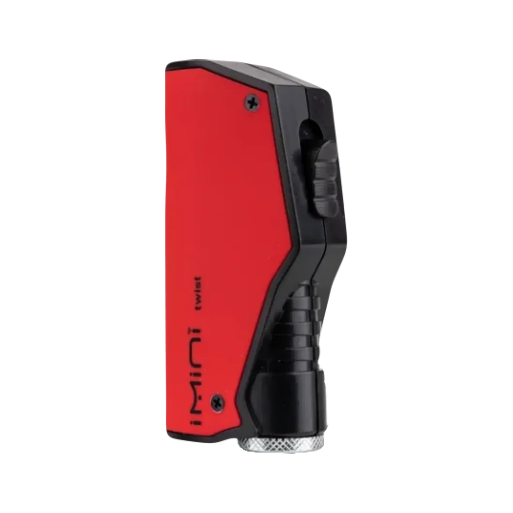 Red and black iMini Twist portable vaporizer battery with ergonomic grip