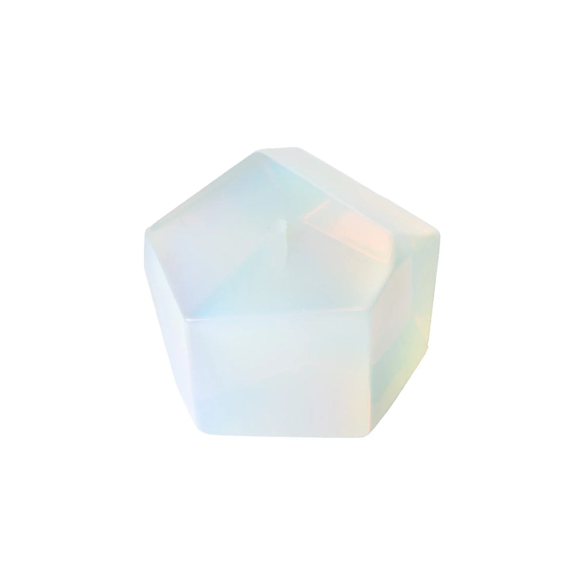 Opalite crystal geometric glass dab tool with iridescent finish on white background
