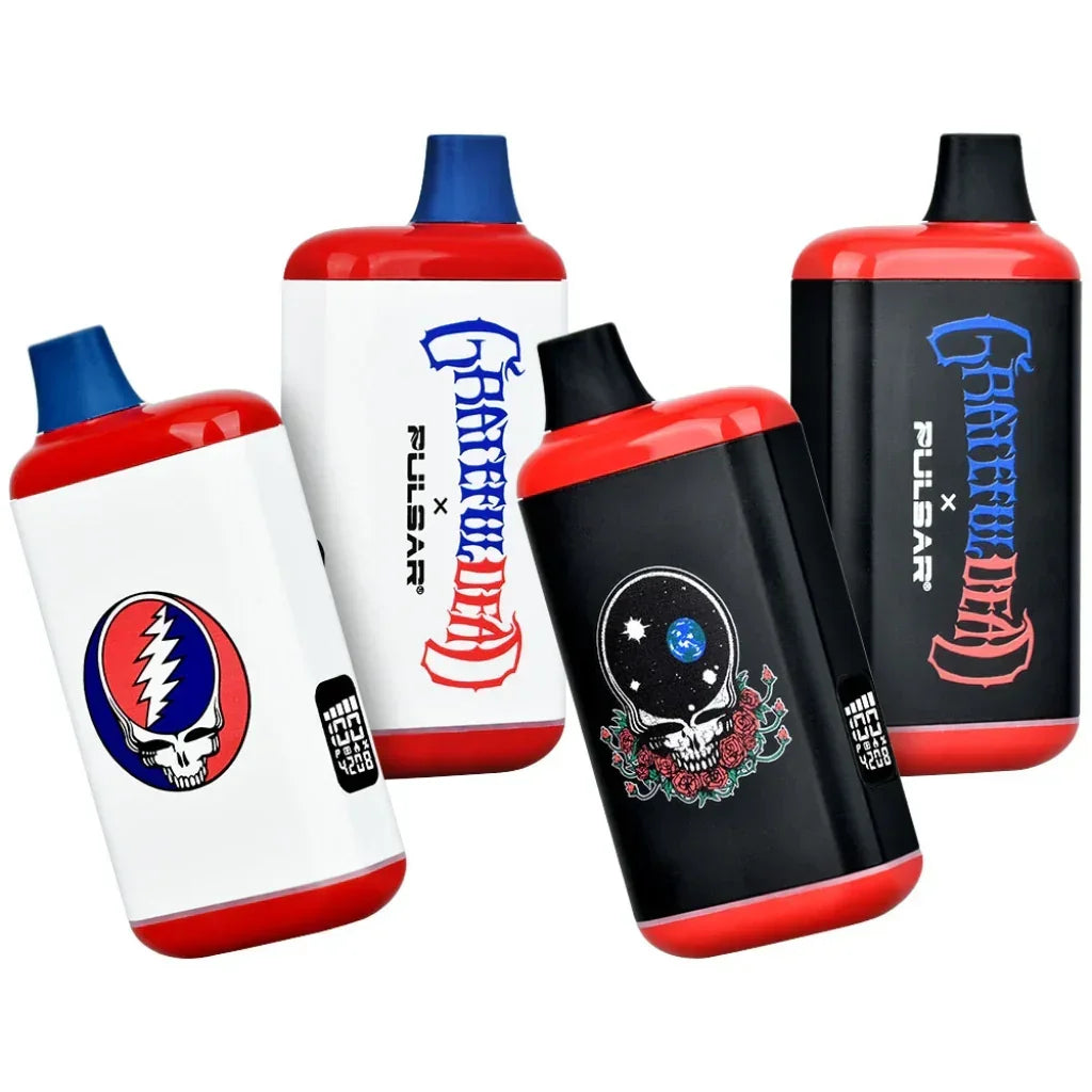 Grateful Dead x Pulsar vape devices with colorful Grateful Dead artwork and bold designs