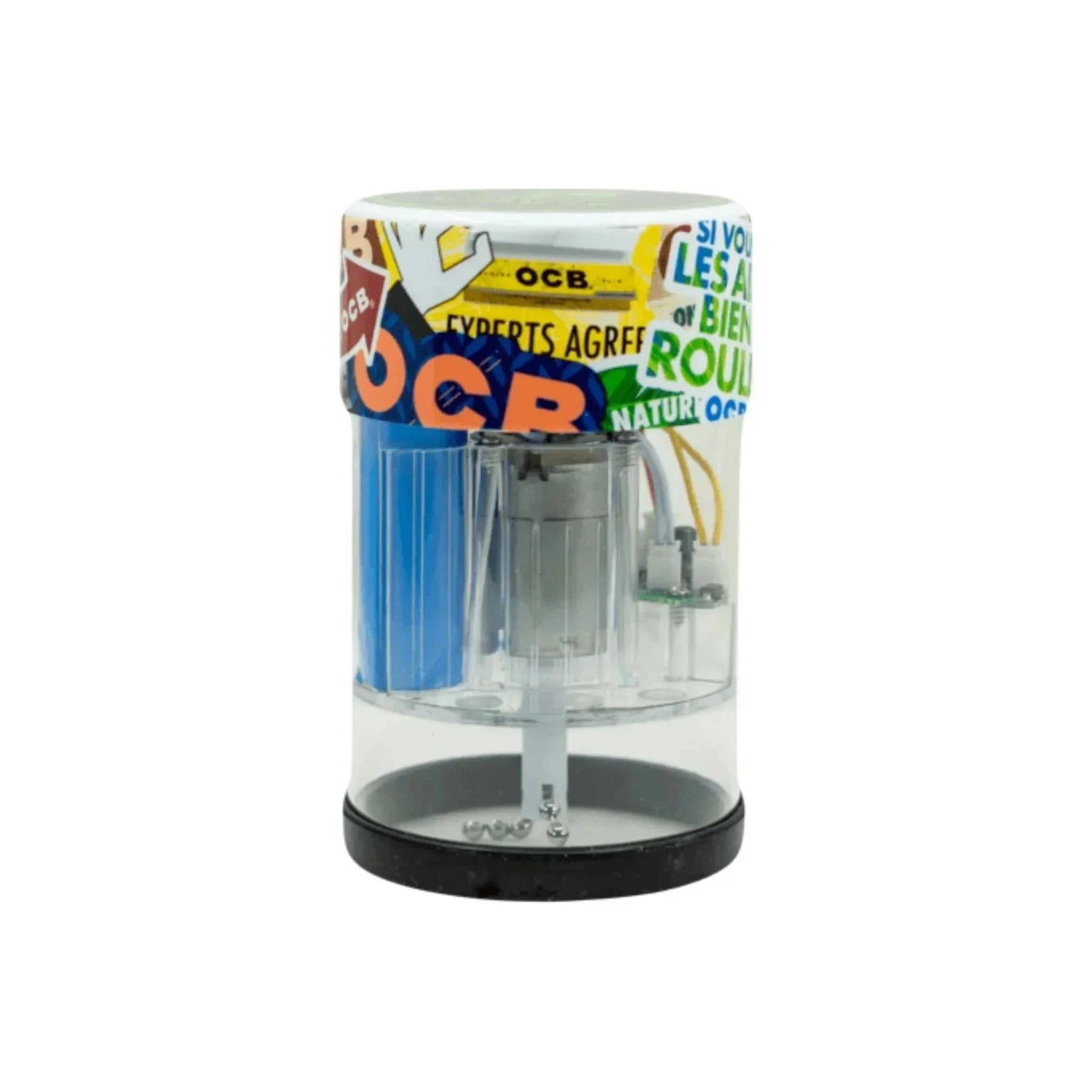 Electric grinder with colorful OCB design for rolling accessories, white background