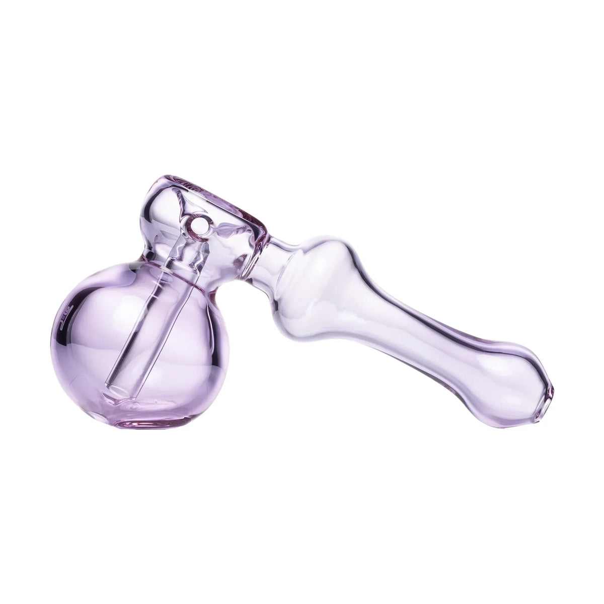 Purple glass hand pipe with round bowl for smoking, isolated on white background