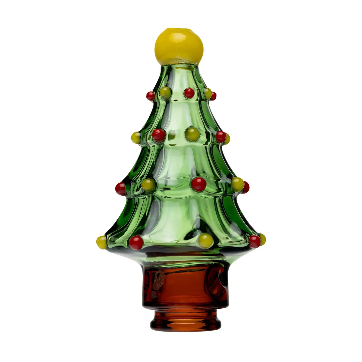 Glass carb cap shaped like a Christmas tree with red and yellow ornaments on white background