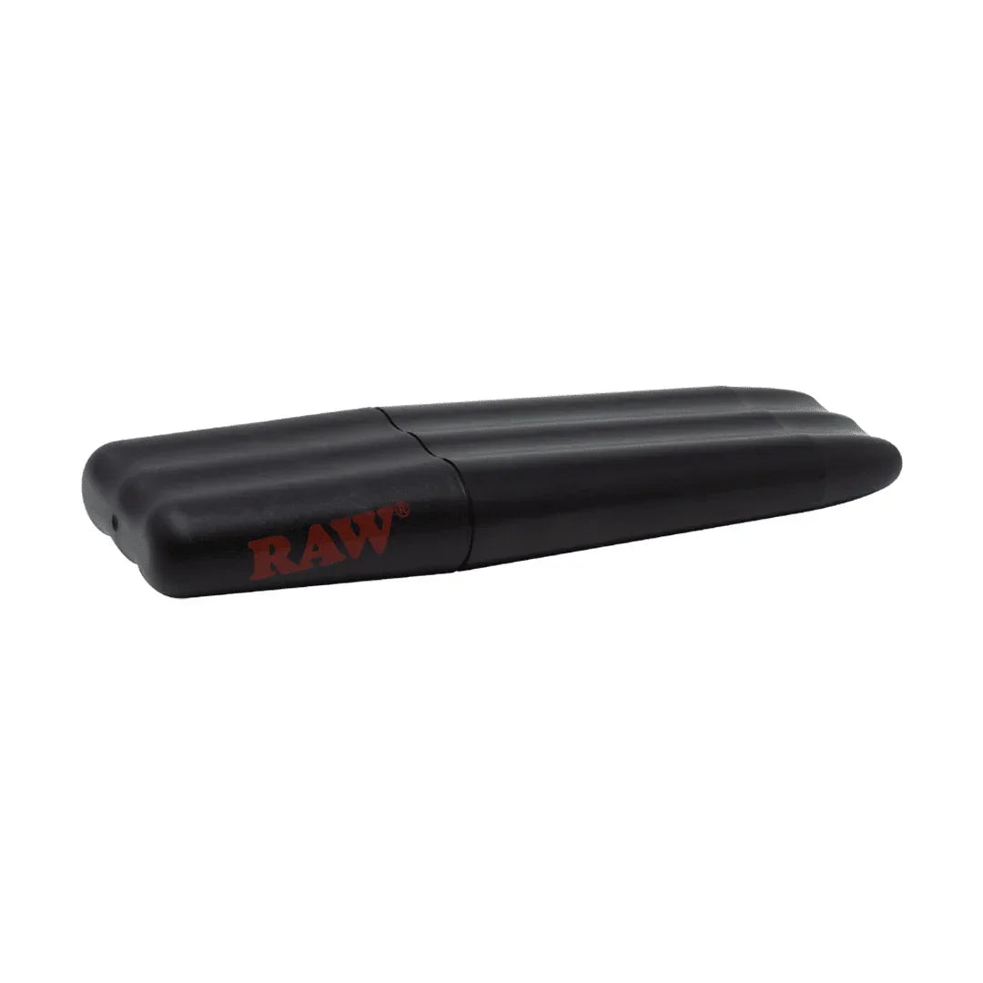 RAW black plastic joint carrying case for smoking accessories, isolated on white