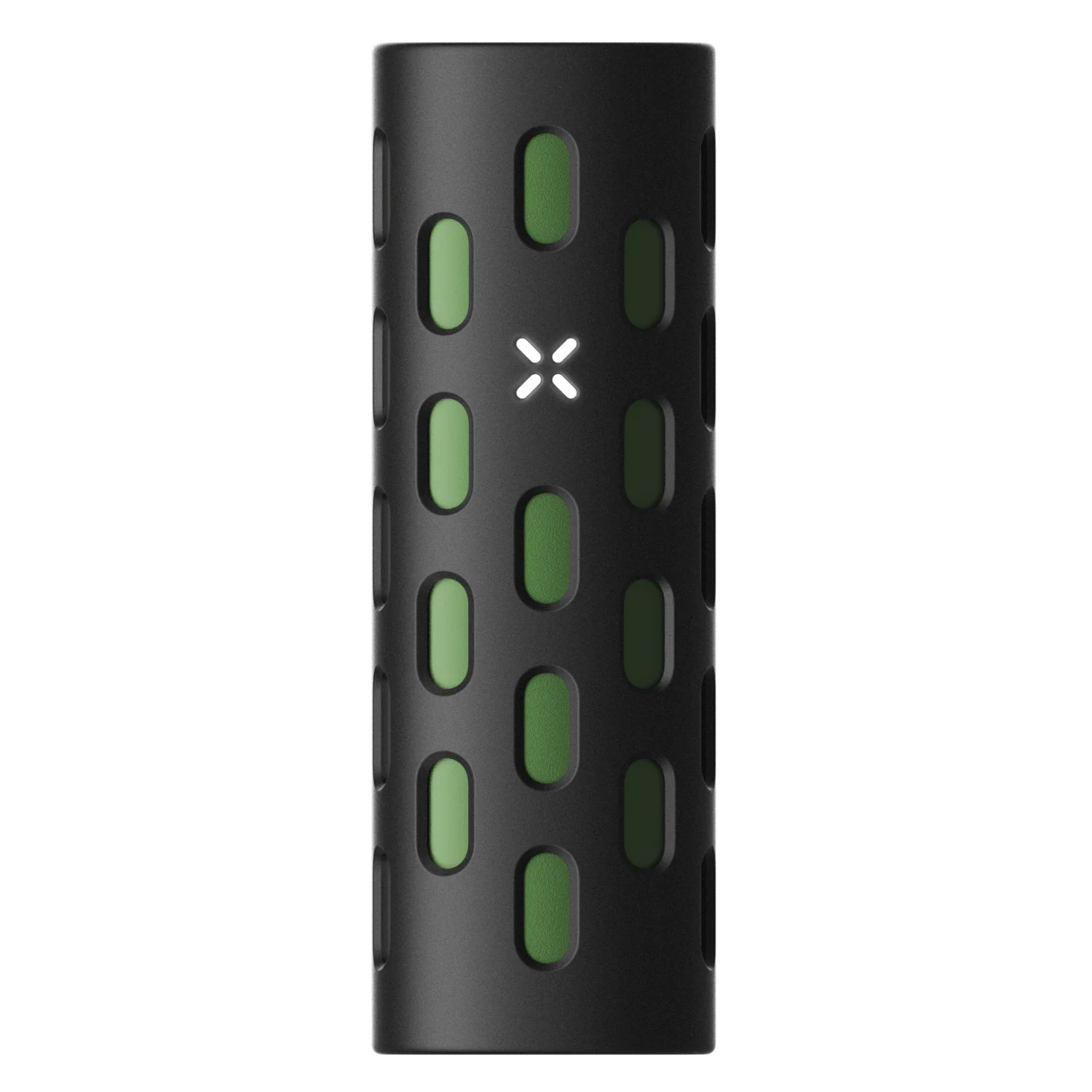 Black portable vaporizer with green accents and oval cutouts, isolated on white background.