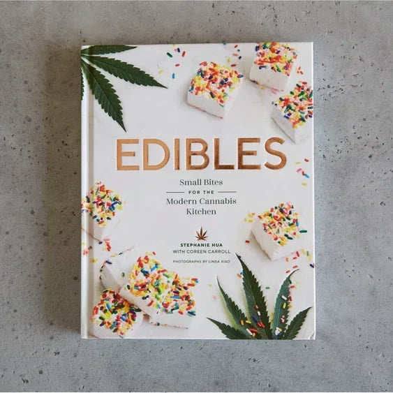 Edibles cookbook cover featuring cannabis leaves and sprinkle-topped marshmallow treats