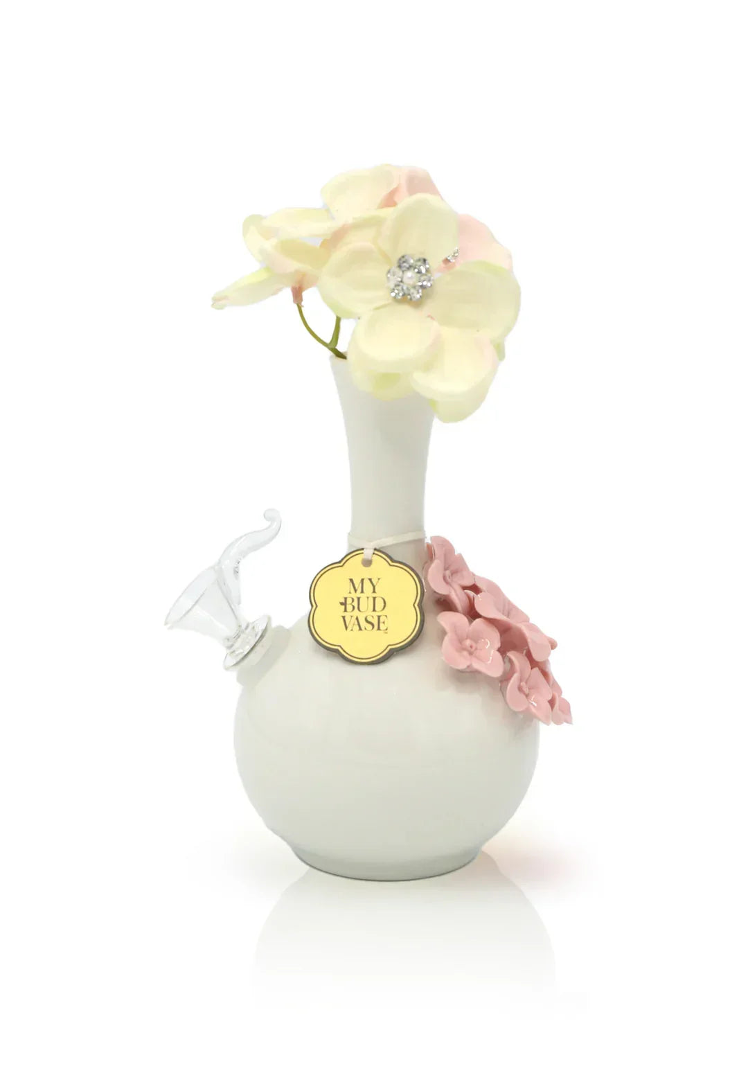 Elegant white glass water pipe with pink and cream flower accents, My Bud Vase tag attached