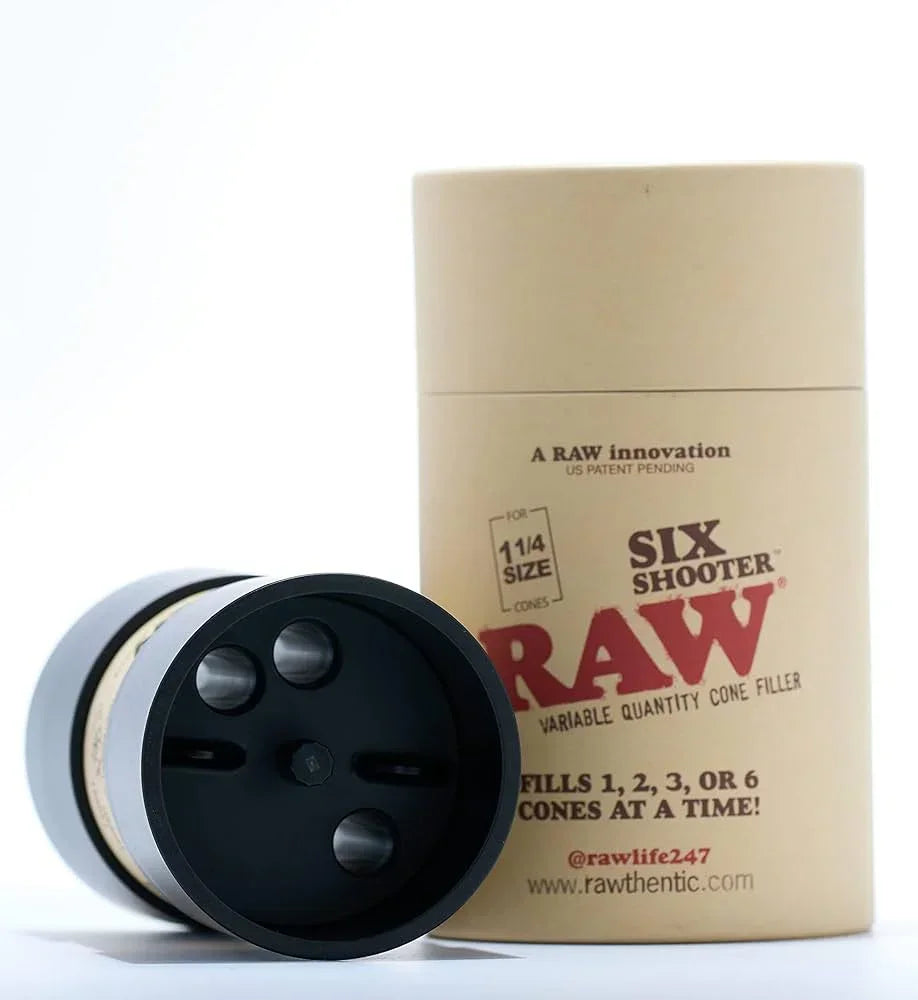 RAW Six Shooter cone filler for 1 1/4 size cones, shown with open top and branded packaging