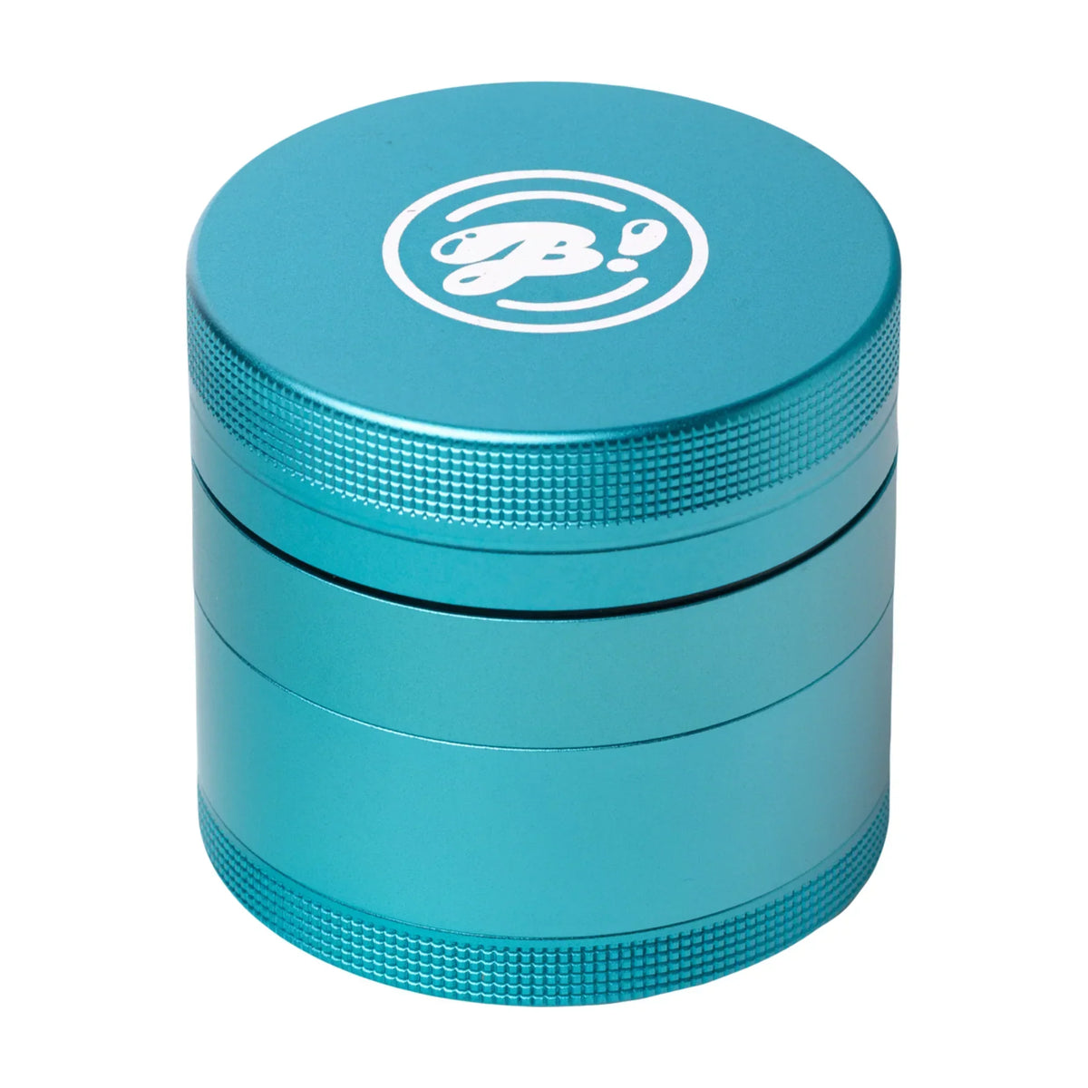 Blue metal herb grinder with textured grip and white logo on top, isolated on white