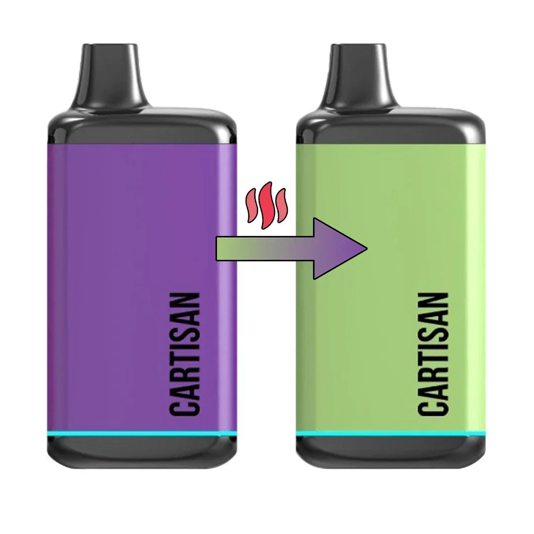 Two Cartisan vape devices, one purple and one green, with an arrow indicating flavor change.