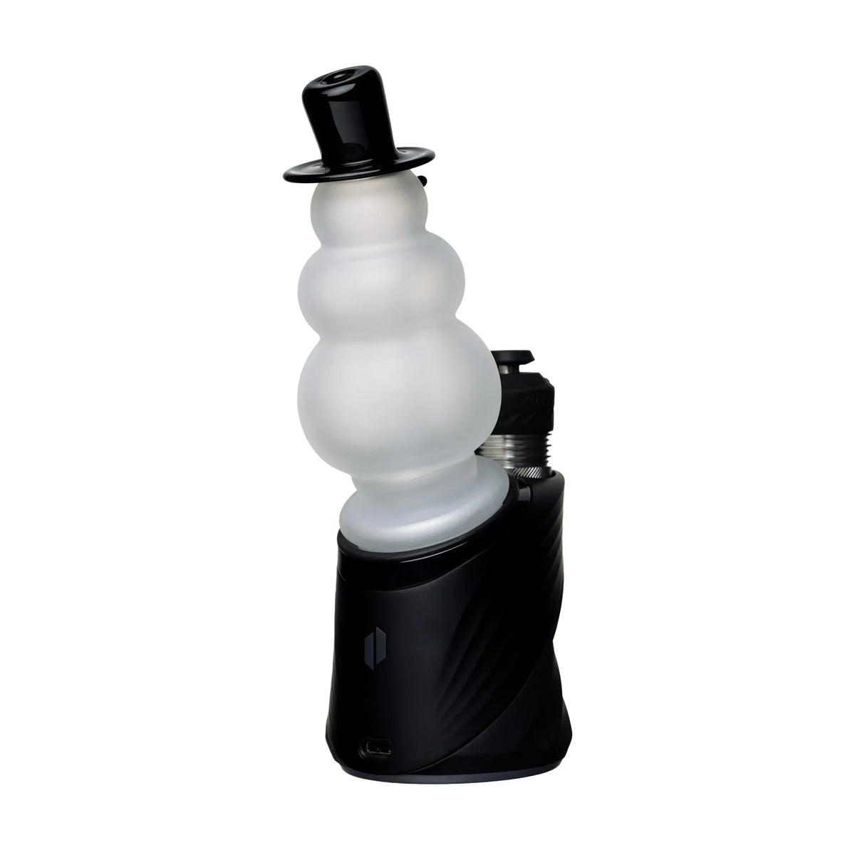 Frosted glass vaporizer attachment shaped like a snowman with a black top hat, on a black base