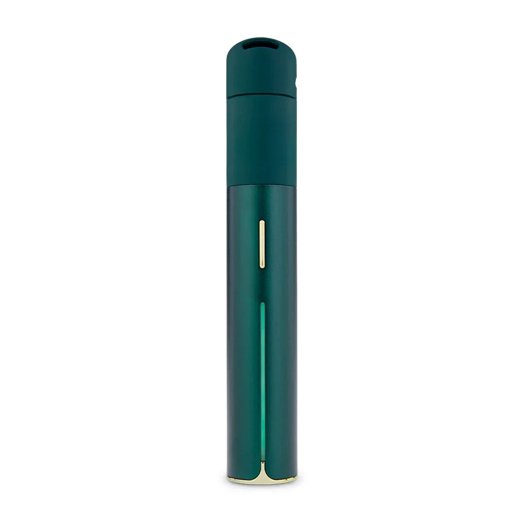 Green portable vaporizer pen with gold accents, sleek cylindrical design on white background