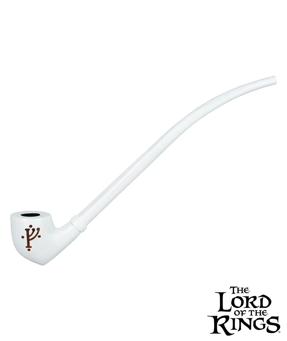 White glass Gandalf pipe with long stem and Lord of the Rings logo on black background
