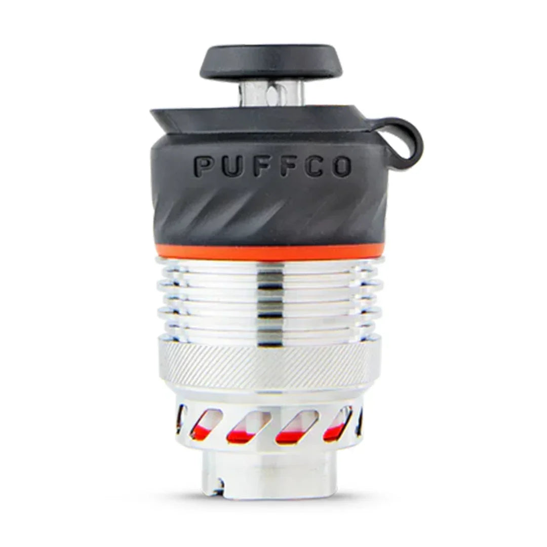 Puffco vaporizer atomizer part with silver metal, black top, and orange accent