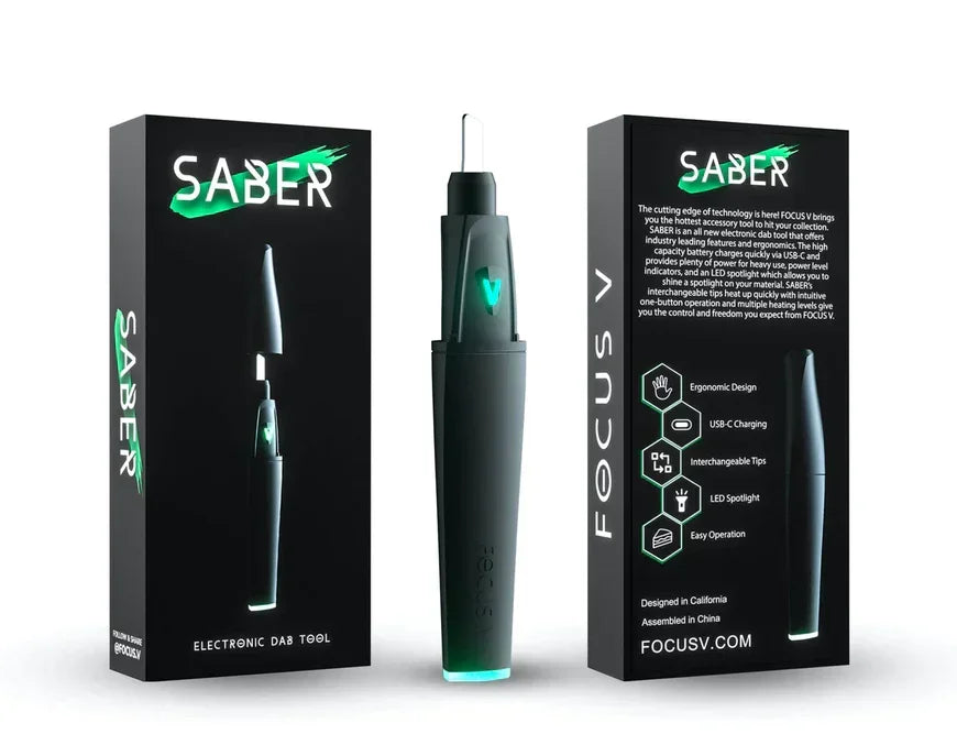 Saber electronic dab tool with packaging, featuring ergonomic design, USB-C charging, LED light, and interchangeable tips.