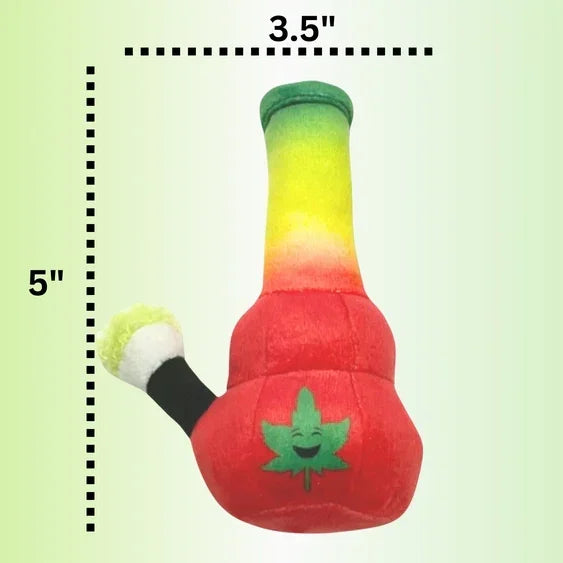 Plush toy shaped like a colorful bong with smiling green leaf, 5 x 3.5 inches, on light background.