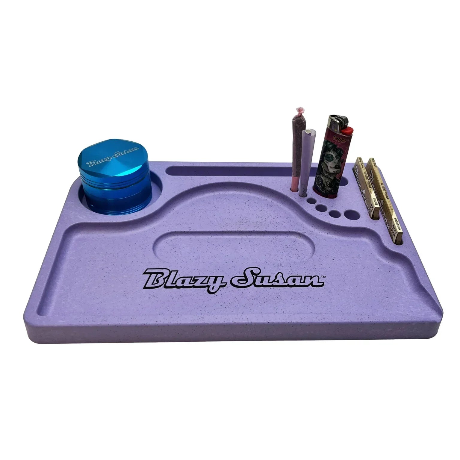 Purple Blazy Susan rolling tray with grinder, lighters, cones, and rolling papers organized