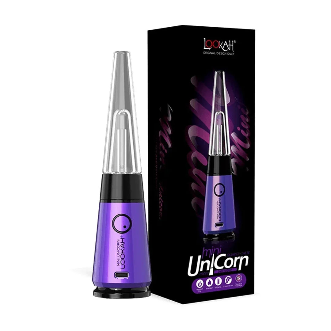 Purple Lookah Mini Unicorn electronic dab rig with matching product box
