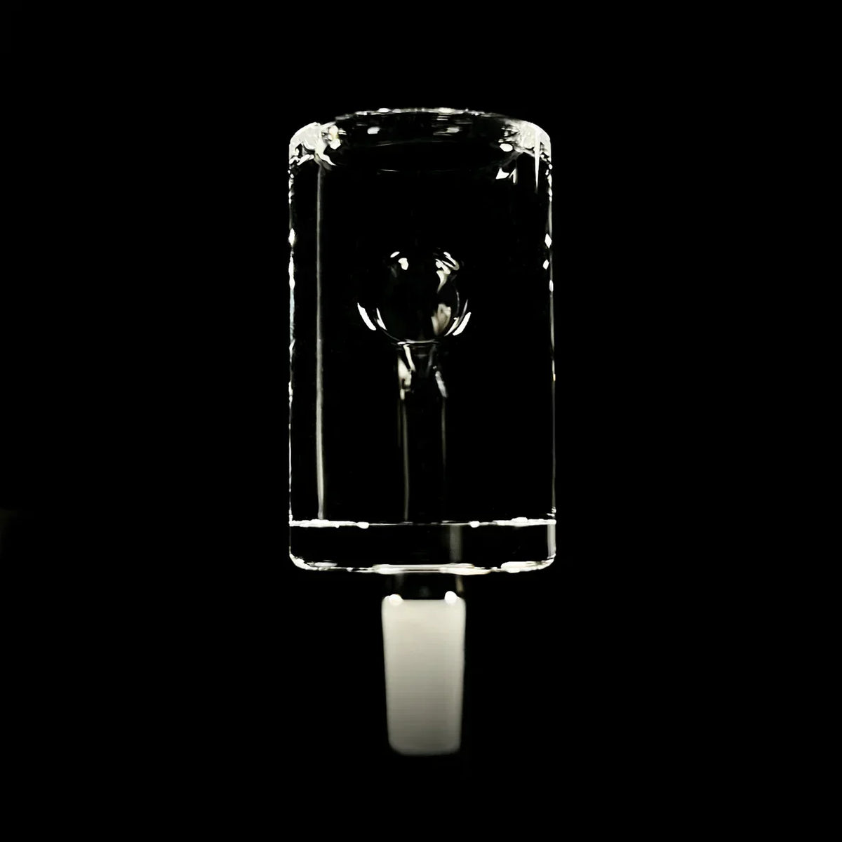Clear glass bong accessory with cylindrical shape and frosted joint against black background
