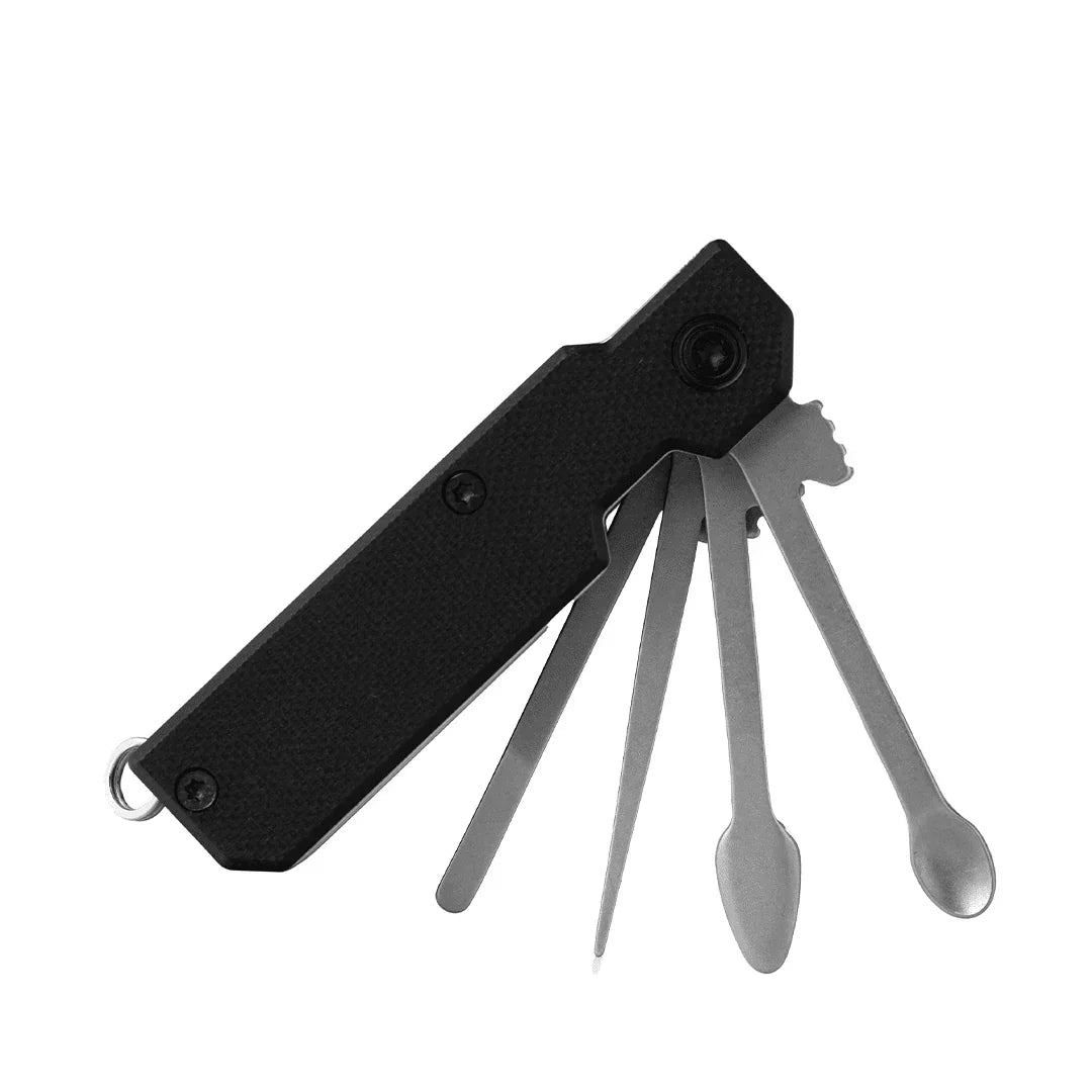 Black multi-tool with four stainless steel dab tools for smoking accessories