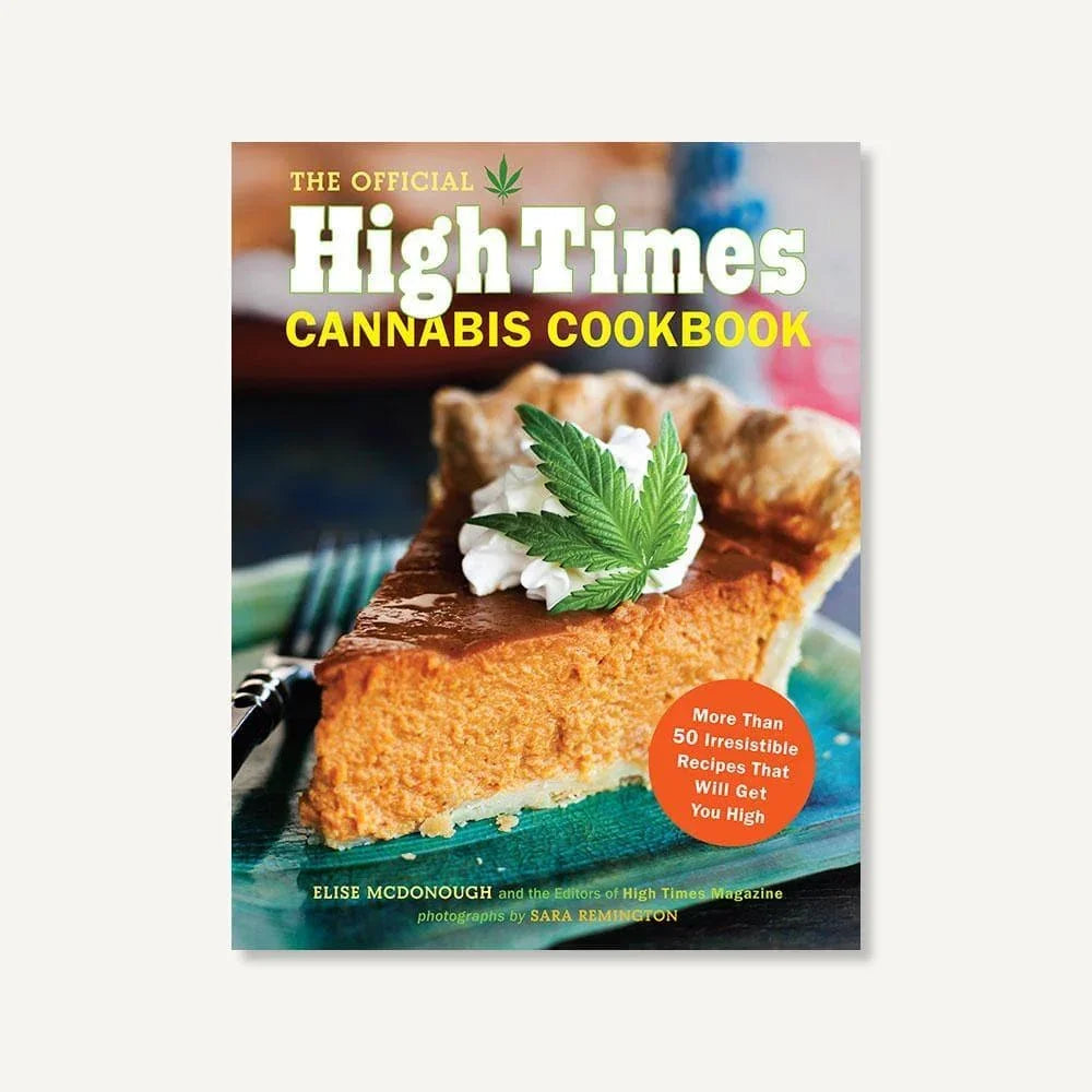 High Times Cannabis Cookbook cover featuring a pie slice topped with whipped cream and a cannabis leaf
