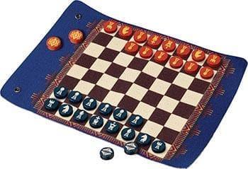 Portable chess and checkers set with blue and red pieces on a fabric board