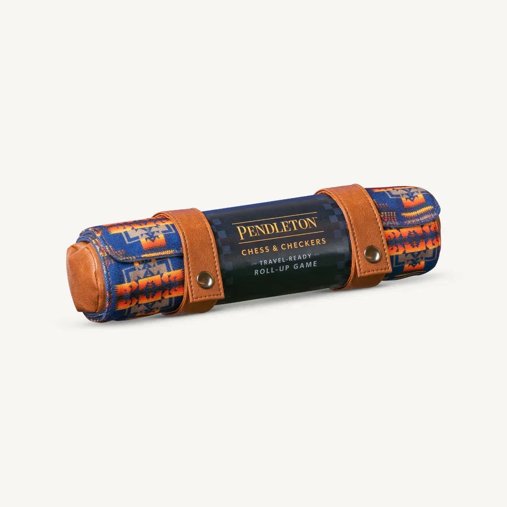 Pendleton travel chess and checkers roll-up game with colorful geometric print and leather straps