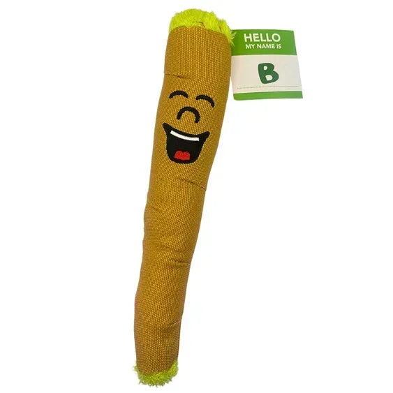 Plush joint toy with cartoon face, smiling expression, and name tag on white background