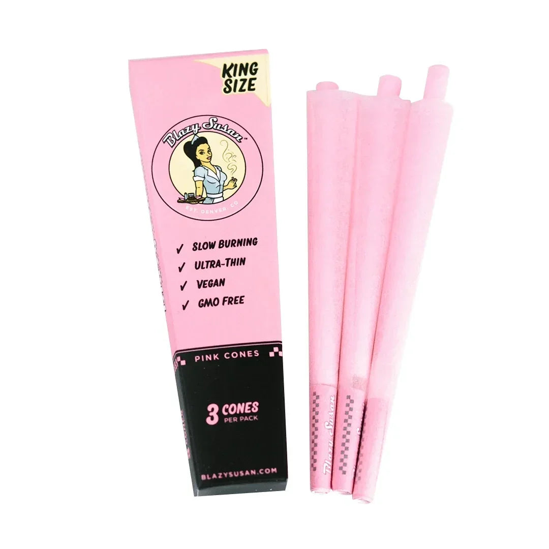 Blazy Susan king size pink pre-rolled cones 3 pack, slow burning vegan rolling papers.