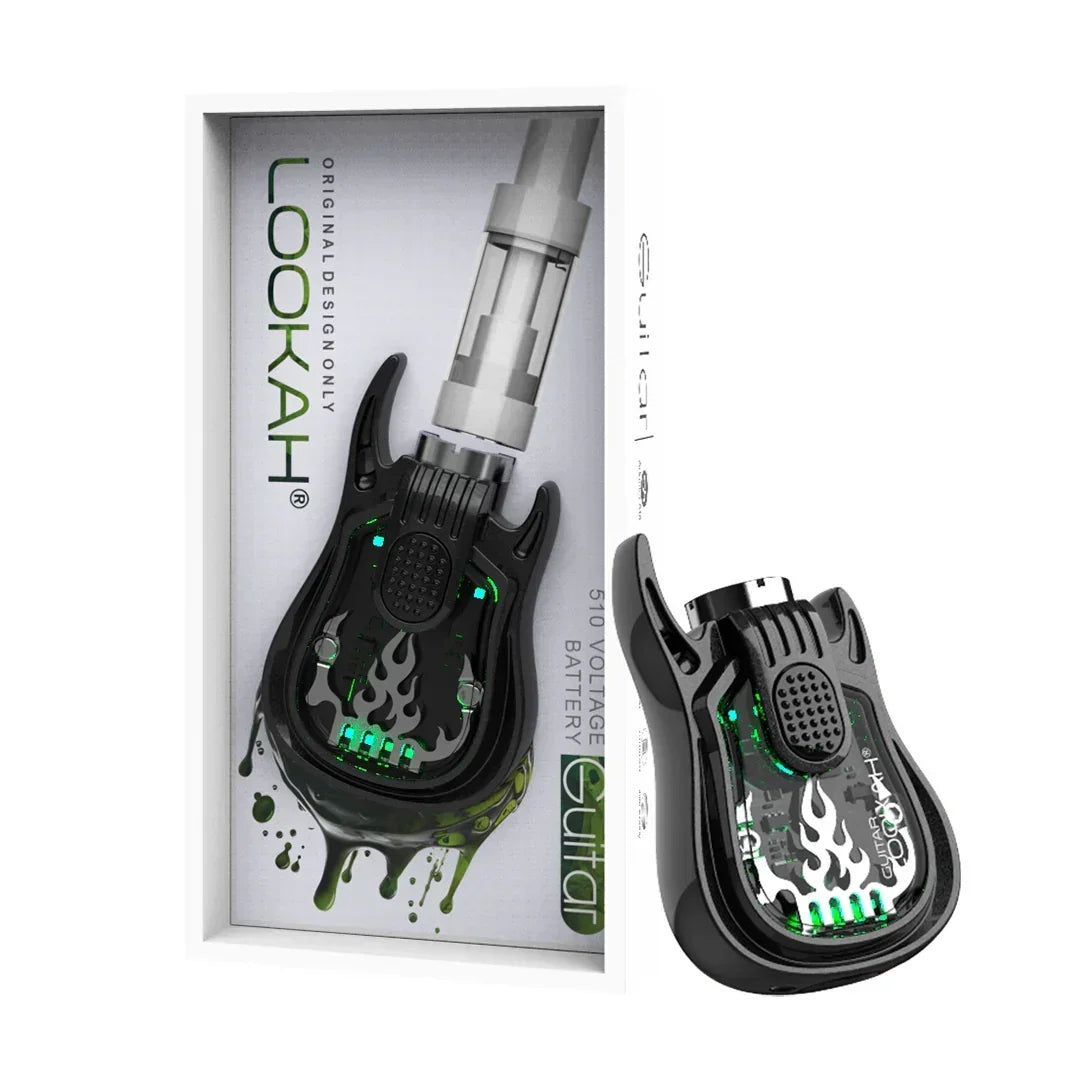 Lookah guitar-shaped 510 vape battery with green LED lights in retail packaging