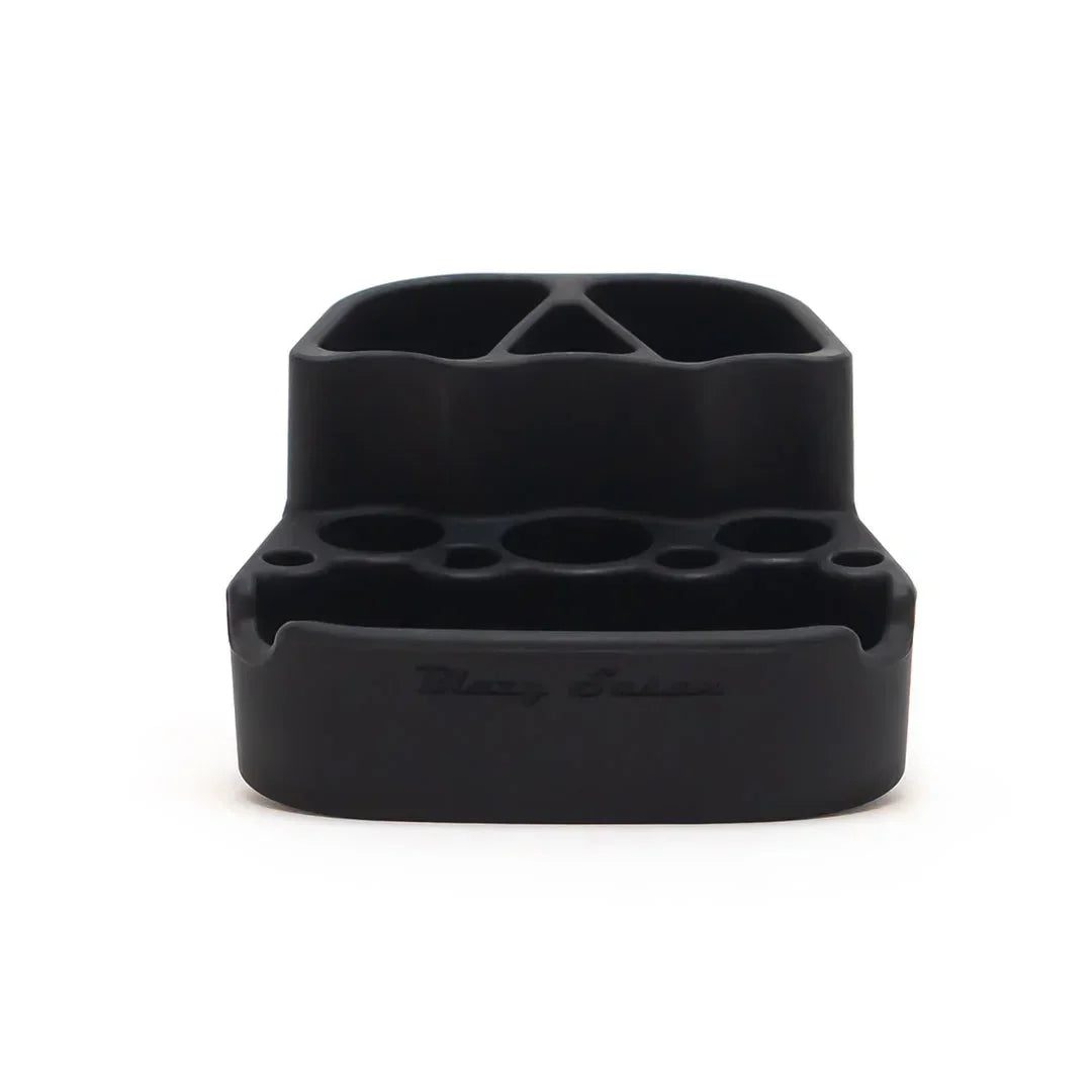 Black silicone smoking accessory organizer with multiple slots and compartments