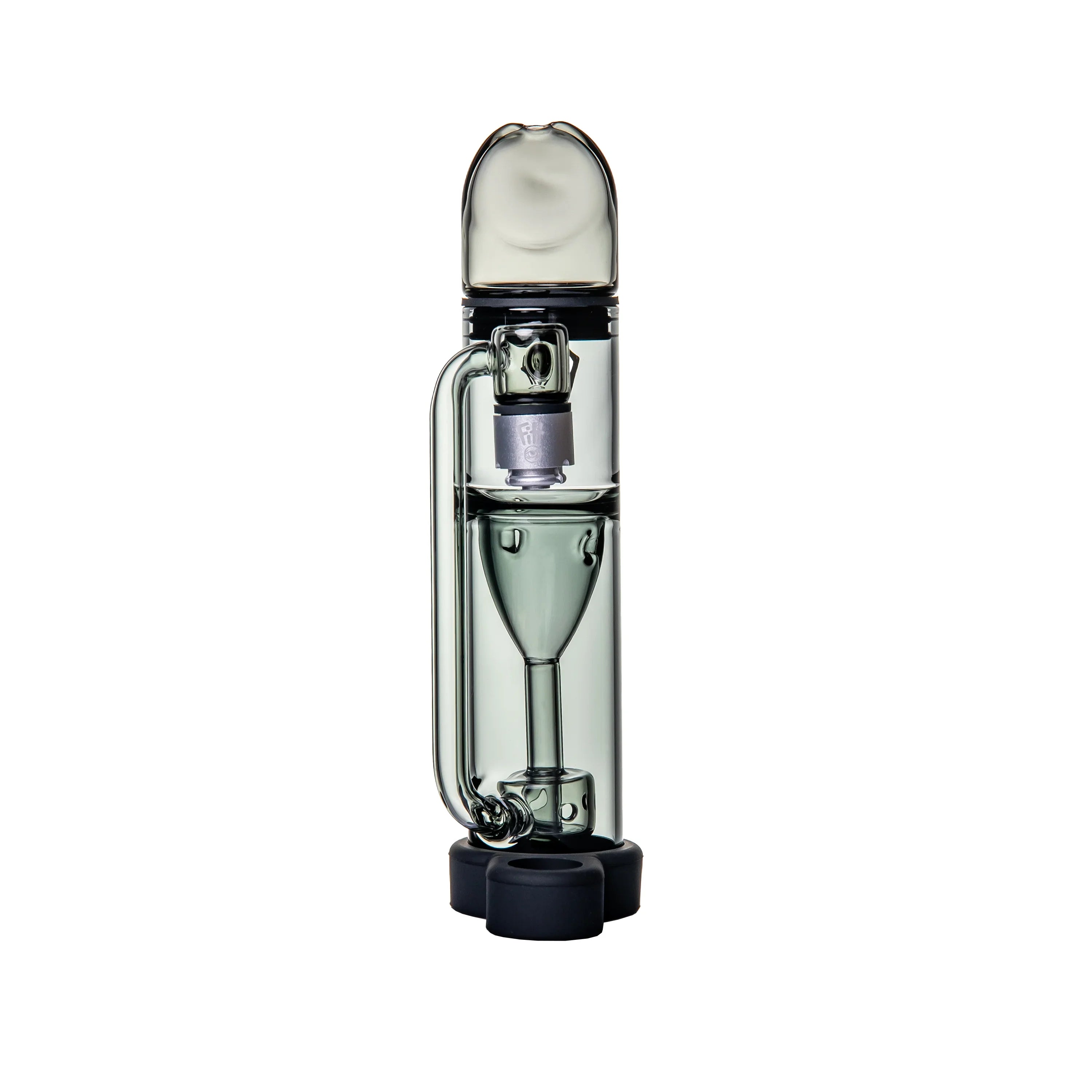 Modern glass vaporizer with hourglass chamber and black silicone base on white background