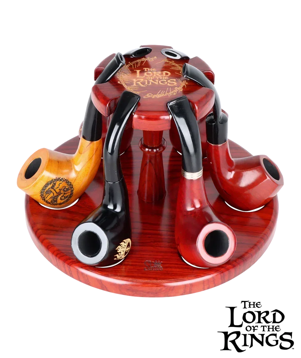 Lord of the Rings themed wooden pipe set with display stand and fantasy engravings
