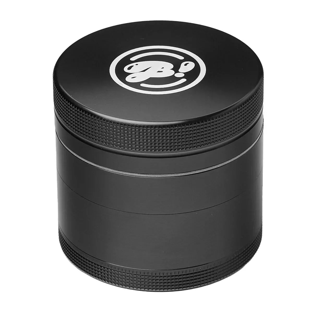 Black metal herb grinder with textured grip and logo on lid for smoking accessories
